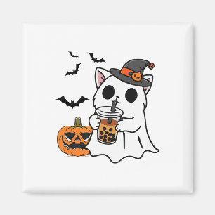 Niedliche Halloween-Katze in Geisterkostüm trinken Magnet