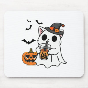 Niedliche Halloween-Katze in Geisterkostüm trinken Mousepad