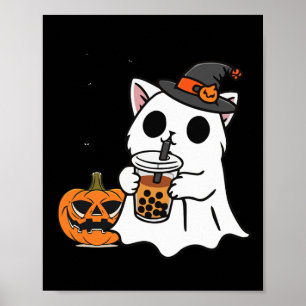 Niedliche Halloween-Katze in Geisterkostüm trinken Poster