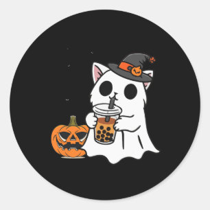 Niedliche Halloween-Katze in Geisterkostüm trinken Runder Aufkleber