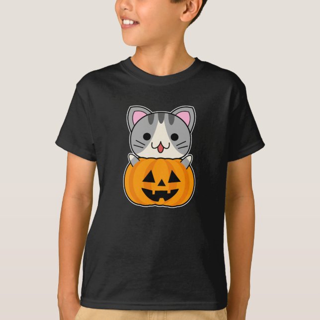 Niedliche Halloween-Katze in Kürbislaterne T-Shirt (Vorderseite)