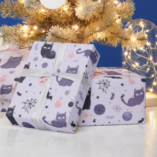 Niedliche Halloween-Katze lila Geschenkpapier