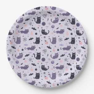 Niedliche Halloween-Katze lila Pappteller