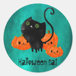 Niedliche Halloween-Katze mit Kürbis Runder Aufkleber