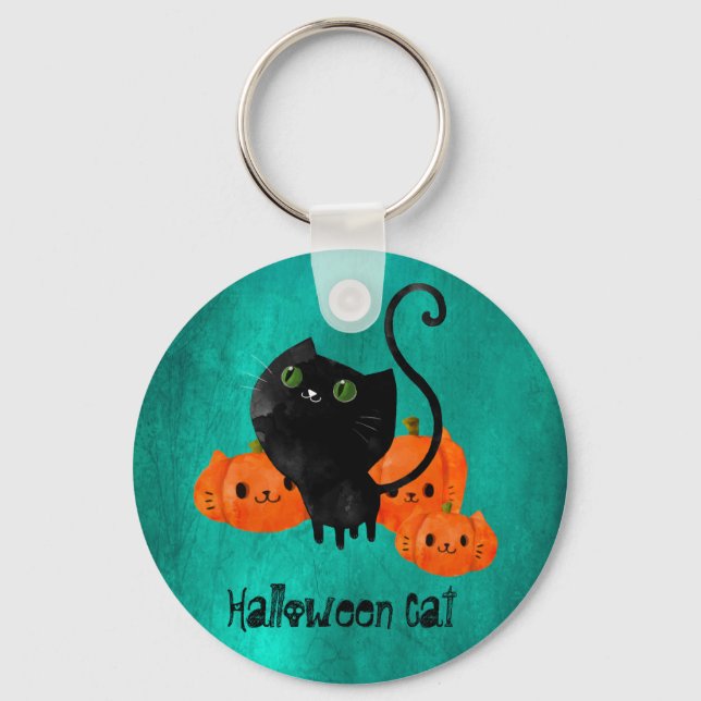Niedliche Halloween-Katze mit Kürbis Schlüsselanhänger (Vorderseite)