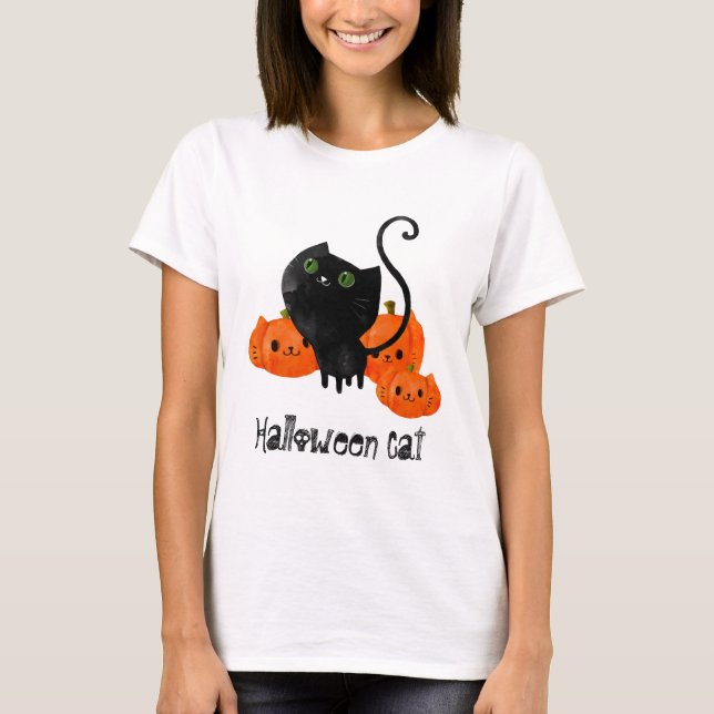 Niedliche Halloween-Katze mit Kürbis T-Shirt (Vorderseite)