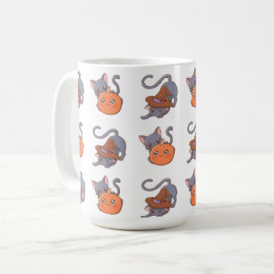 Niedliche Halloween-Katze mit Kürbis und Hexe Kaffeetasse
