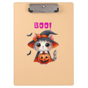 Niedliche Halloween-Katze mit Pumpkin und Hexenhut Klemmbrett