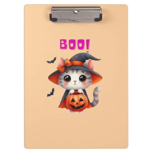 Niedliche Halloween-Katze mit Pumpkin und Hexenhut Klemmbrett (Vorderseite)