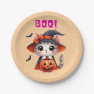 Niedliche Halloween-Katze mit Pumpkin und Hexenhut Pappteller