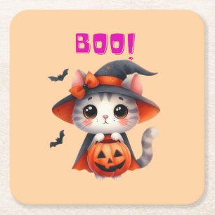 Niedliche Halloween-Katze mit Pumpkin und Hexenhut Rechteckiger Pappuntersetzer