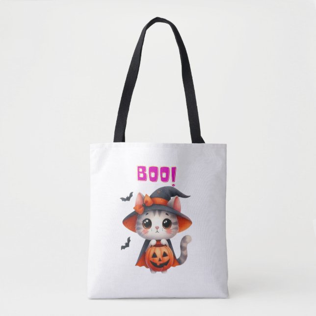 Niedliche Halloween-Katze mit Pumpkin und Hexenhut Tasche (Vorderseite)