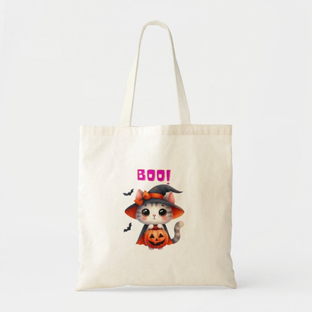 Niedliche Halloween-Katze mit Pumpkin und Hexenhut Tragetasche (Vorne)