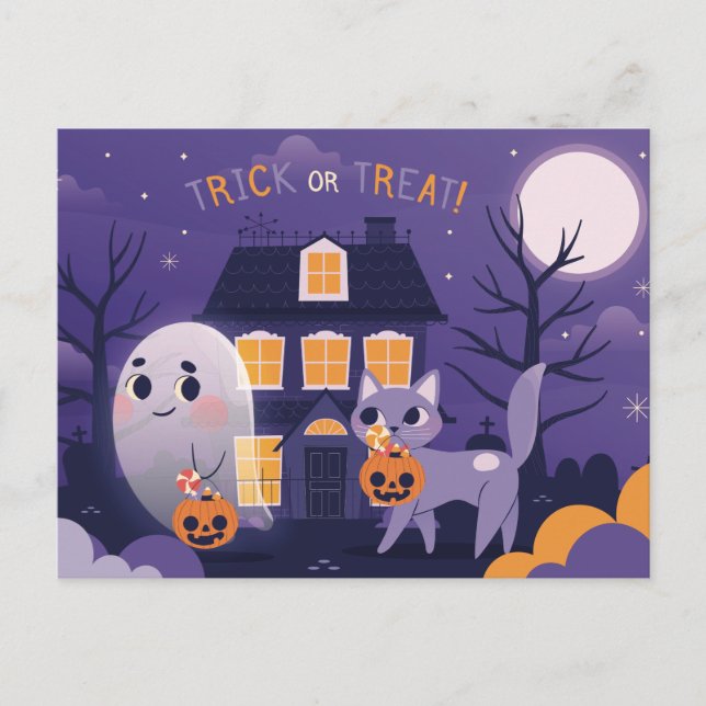 Niedliche Halloween-Katze und eine Ghost-Postkarte Postkarte (Vorderseite)