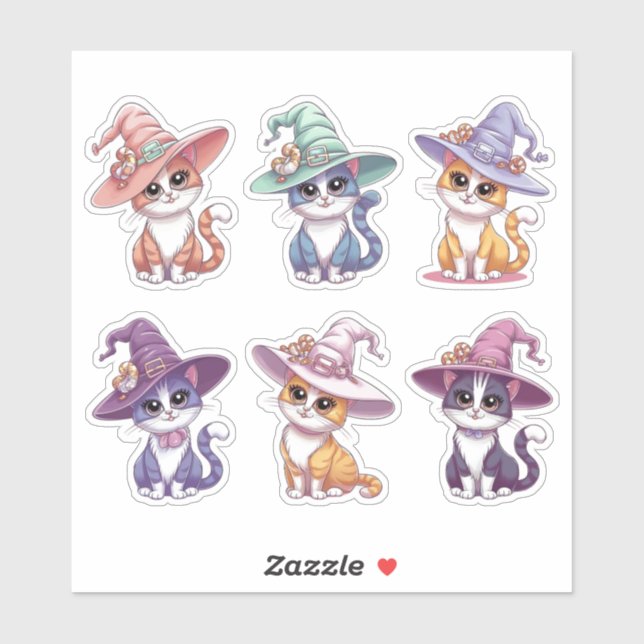 Niedliche Halloween-Katzen in der Hexenhamzettel Aufkleber (Blatt)