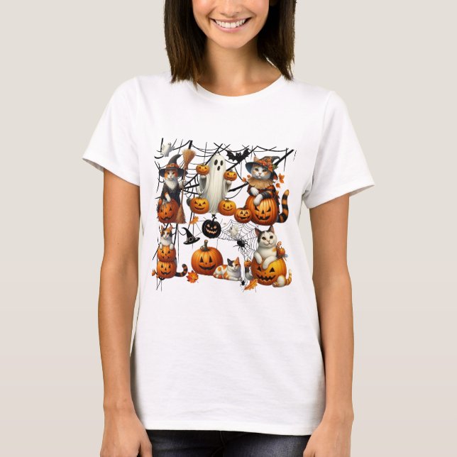 Niedliche Halloween-Katzen und Kürbis T-Shirt (Vorderseite)