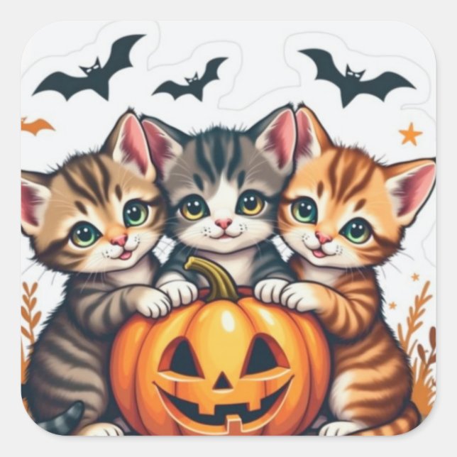 Niedliche Halloween-Katzen und Pumpkin-falle Vinyl Quadratischer Aufkleber (Vorderseite)