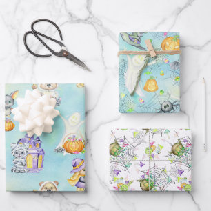 Niedliche Halloween-Kostümtiere Leckereien Blau Geschenkpapier Set