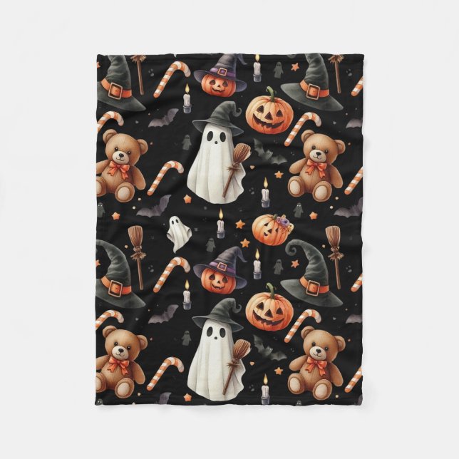 Niedliche Halloween-Kürbis, Geister, Teddybären Fleecedecke (Vorderseite)