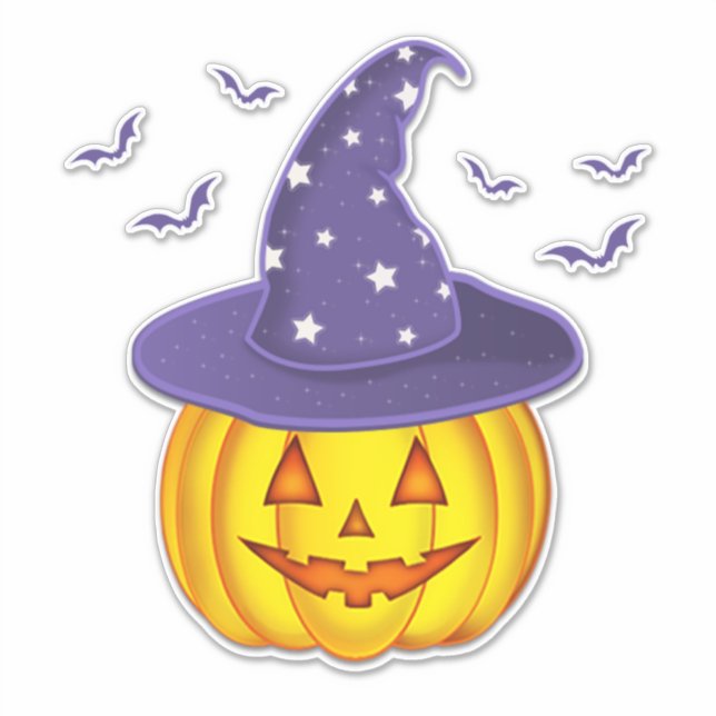 Niedliche Halloween Kürbis mit Hexenhut und Fleder Aufkleber (Vorderseite)