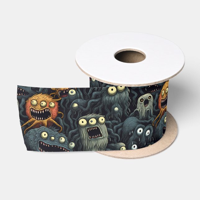 Niedliche Halloween-Monster, Orange, Dunkelgrau Satinband (Spule)