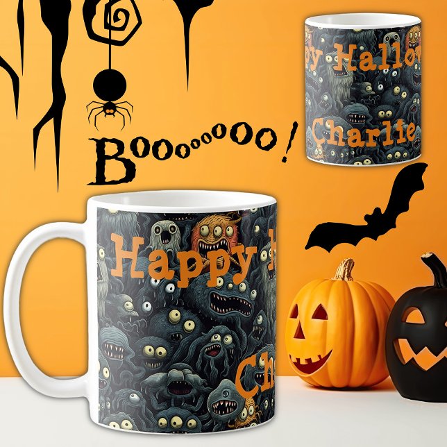 Niedliche Halloween-Monster, Personalisierter Name Kaffeetasse (Von Creator hochgeladen)