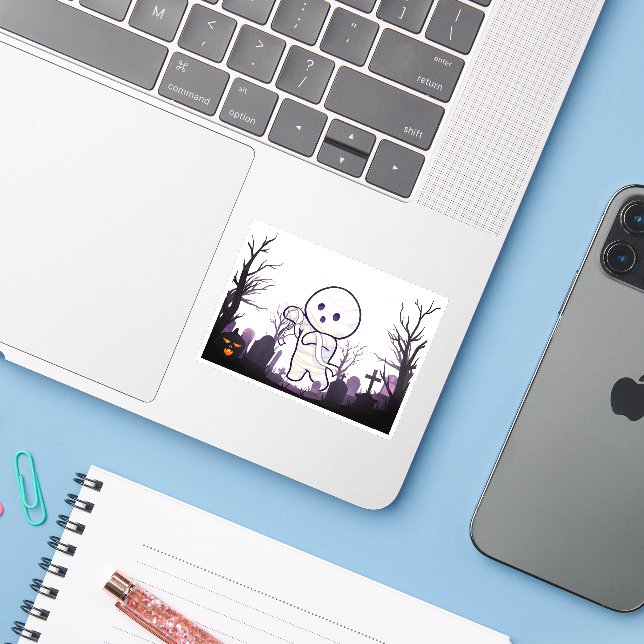 Niedliche Halloween Mummy in Spooky Graveyard - Fu Aufkleber (Laptop mit iPhone)
