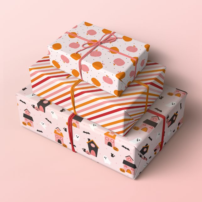 Niedliche Halloween-Muster Geschenkpapier Set (Set of 3 Halloween patterns with spooky haunted houses, pumpkins and stripes in orange, red and pink)