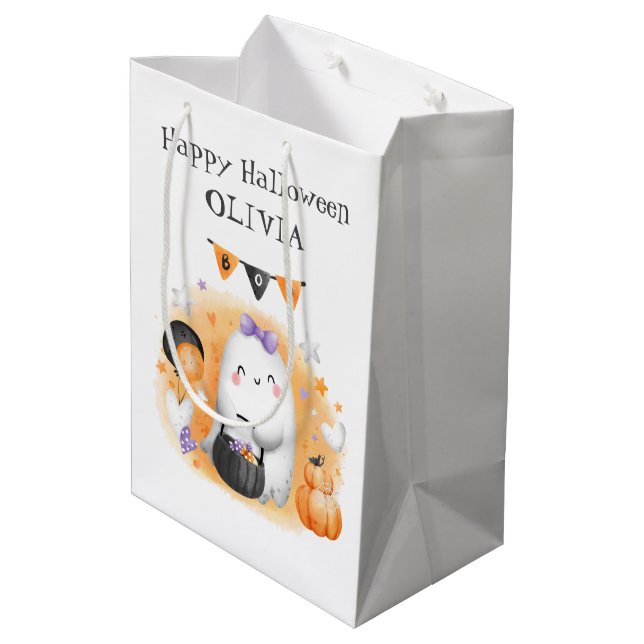 Niedliche Halloween Orange Little Boo Girl Geschen Mittlere Geschenktüte (Rückseite Schrägansicht)