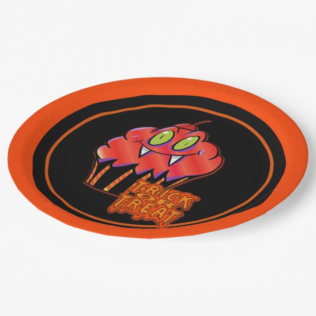 Niedliche Halloween Orange Vampire Cupcake Paper T Pappteller (Schrägansicht)