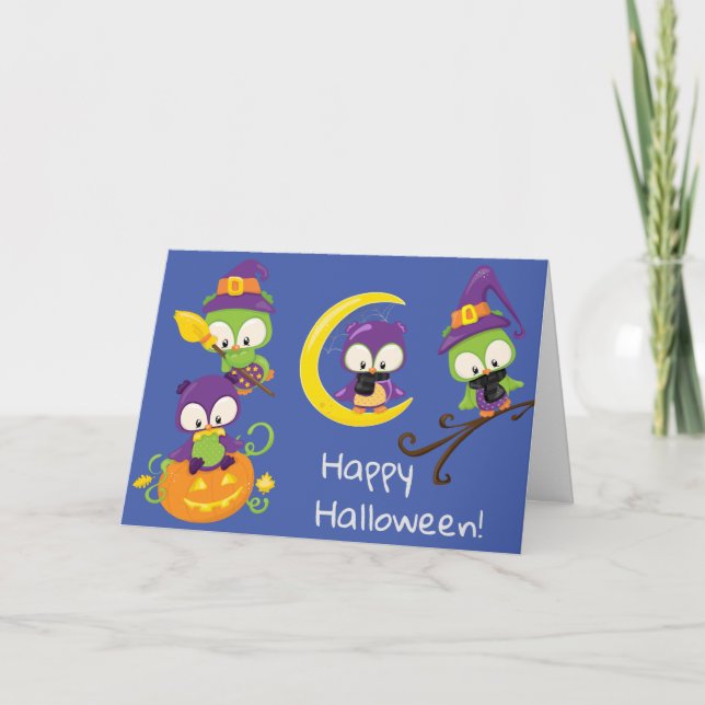 Niedliche Halloween Owls Kids Karte (Vorderseite)