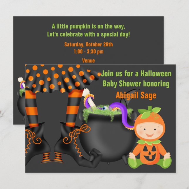 Niedliche Halloween Pumpkin Baby Dusche Neutral Einladung (Vorne/Hinten)