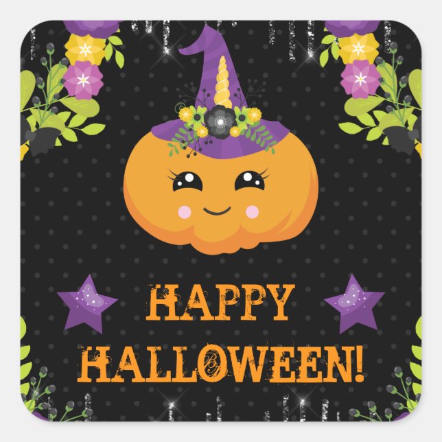 Niedliche Halloween Pumpkin Floral Quadratischer Aufkleber (Vorderseite)