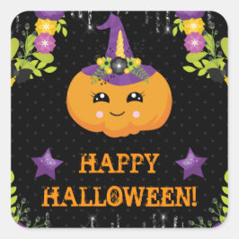 Niedliche Halloween Pumpkin Floral Quadratischer Aufkleber