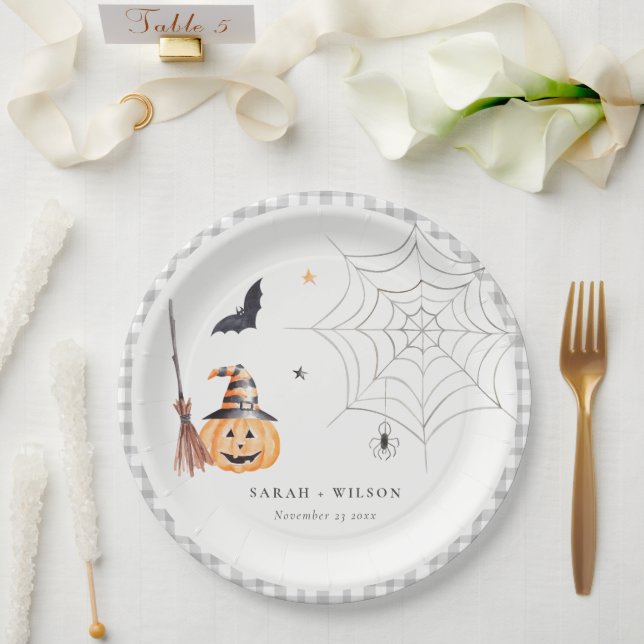Niedliche Halloween Pumpkin Spiderweb Spooky Weddi Pappteller (Hochzeit)