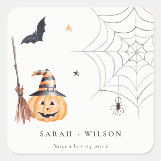 Niedliche Halloween Pumpkin Spiderweb Spooky Weddi Quadratischer Aufkleber (Vorderseite)