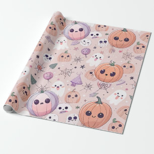 Niedliche Halloween Pumpkins & Ghosts auf rosa Nah Geschenkpapier