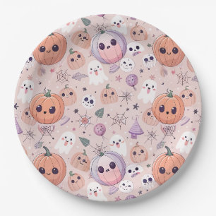 Niedliche Halloween Pumpkins & Ghosts auf rosa Nah Pappteller