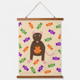 Niedliche Halloween-Rat und Pumpkin Wandteppich Mit Holzrahmen
