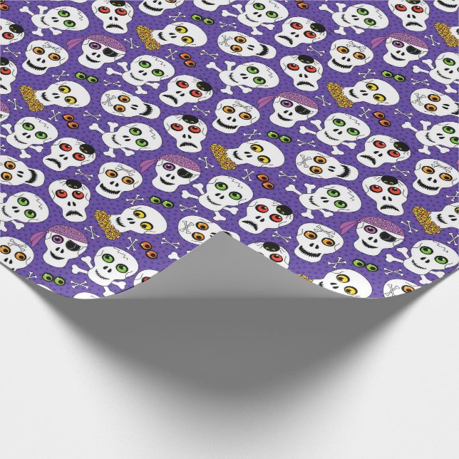 Niedliche Halloween-Skulls auf Lila Geschenkpapier (Ecke)