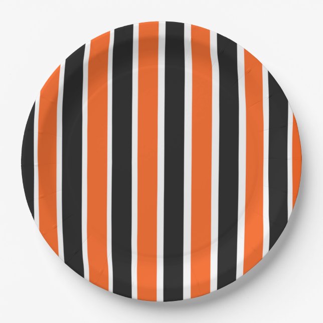 Niedliche Halloween-Streifen in Orange und Schwarz Pappteller (Vorderseite)