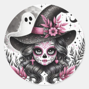Niedliche Halloween Sugar Skull Hexe Runder Aufkleber