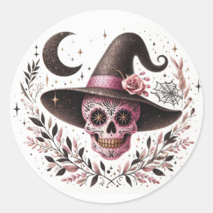 Niedliche Halloween Sugar Skull Hexe Runder Aufkleber