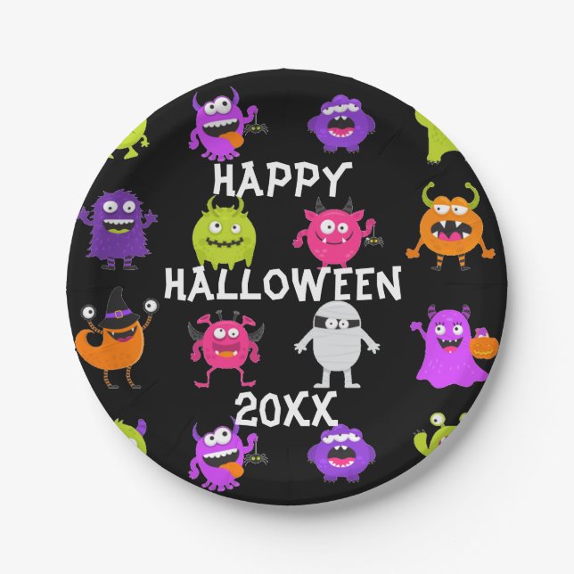 Niedliche Halloweenmonster auf Schwarz Pappteller (Vorderseite)