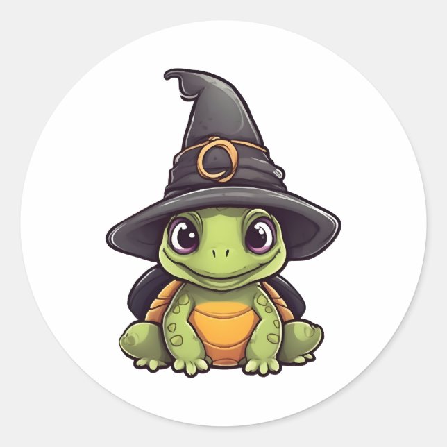 Niedliche Halloweenschildkröte mit Hexenhut. Runder Aufkleber (Vorderseite)
