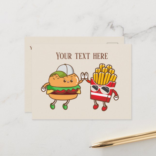 Niedliche Hamburger Pommes Frites fügen Text hinzu Postkarte (Vorderseite/Rückseite Beispiel)