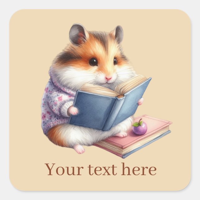 Niedliche Hamsterbuchliebhaber fügen Text Square S Quadratischer Aufkleber (Vorderseite)