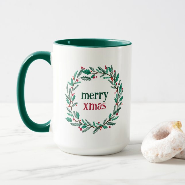 Niedliche Hand Drawn Wreath Frohe Weihnachtsfeiert Tasse (Mit Donut)