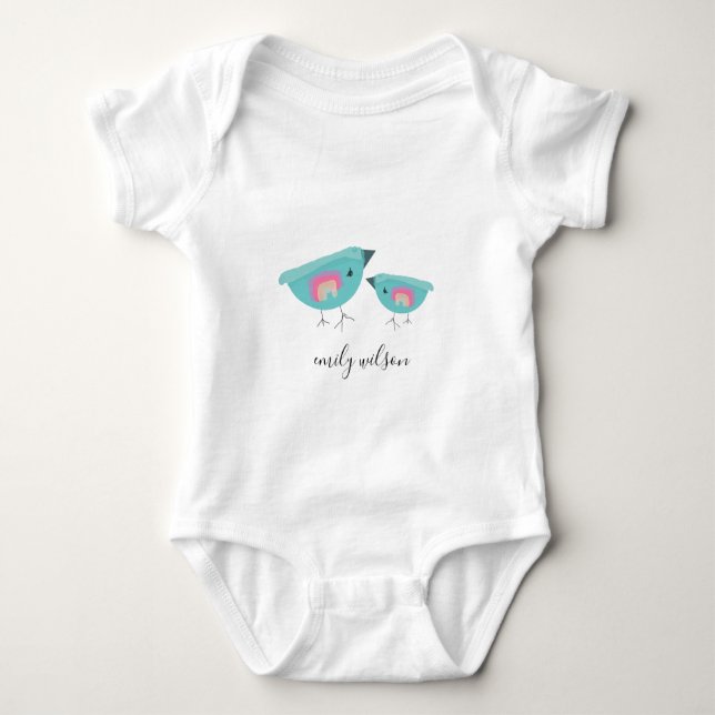 Niedliche Hand gezeichnet Regenbogen Blue Birdy Mo Baby Strampler (Vorderseite)