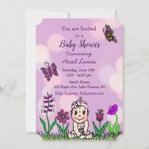 Niedliche Hand gezeichnete Lila Baby Girl Babydusc Einladung